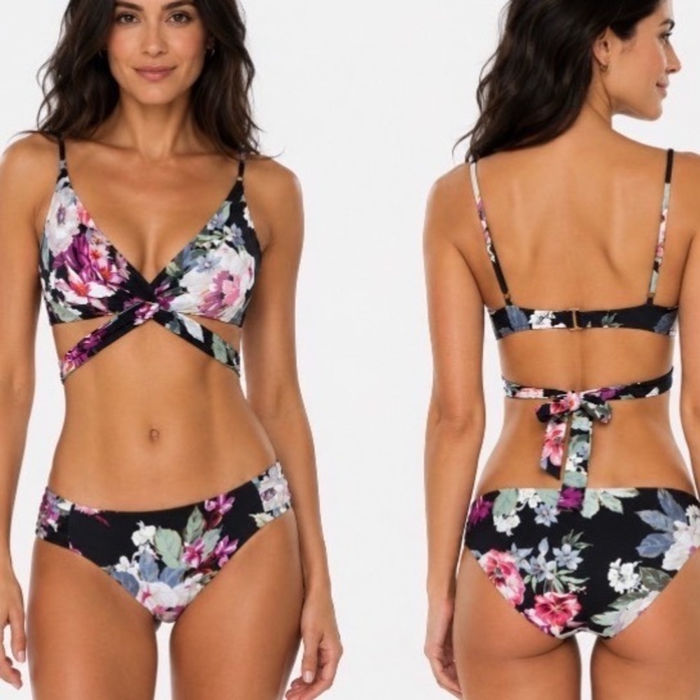 Becca Spring Fling Floral Wrap Bikini Top Black Multicolor V-Neck Swim Top